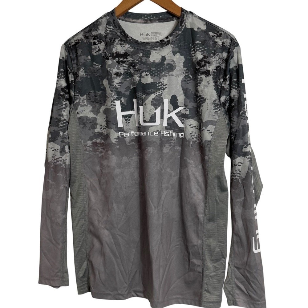 Huk Performance Fishing Shirt Mens Small Grey Camo Long Sleeve Mesh Sun Shirt